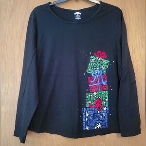 Holiday Time Women's 3X Black Long Sleeve Pajama Top with Colorful Gift Stack